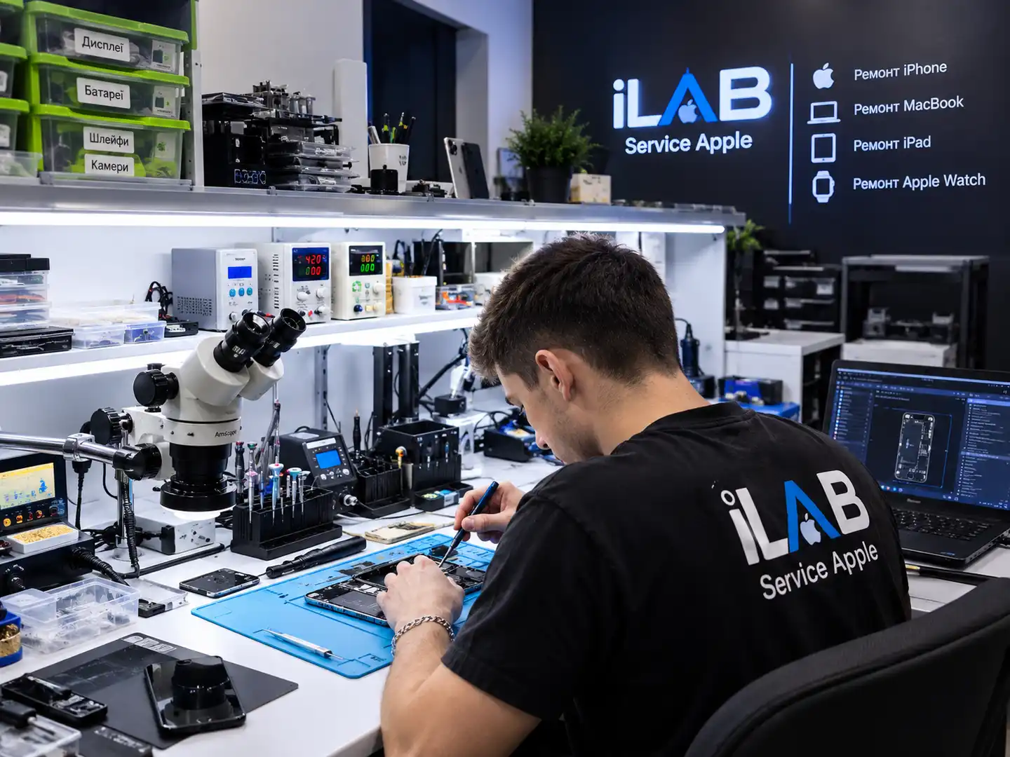 Ремонт плати iPhone під мікроскопом у майстерні iLAB, Харків